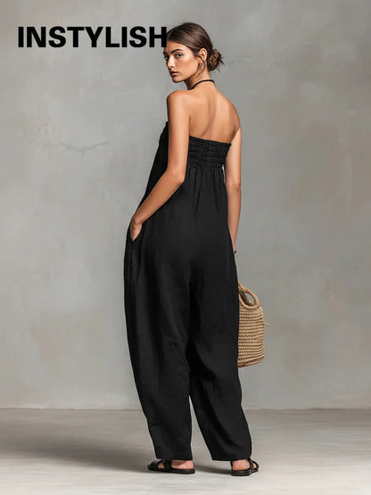 Women Strapless Wide Leg Jumpsuit Casual Cotton Linen Tube Top Romper Summer Beach Long Pants with Pockets Vacation Overalls