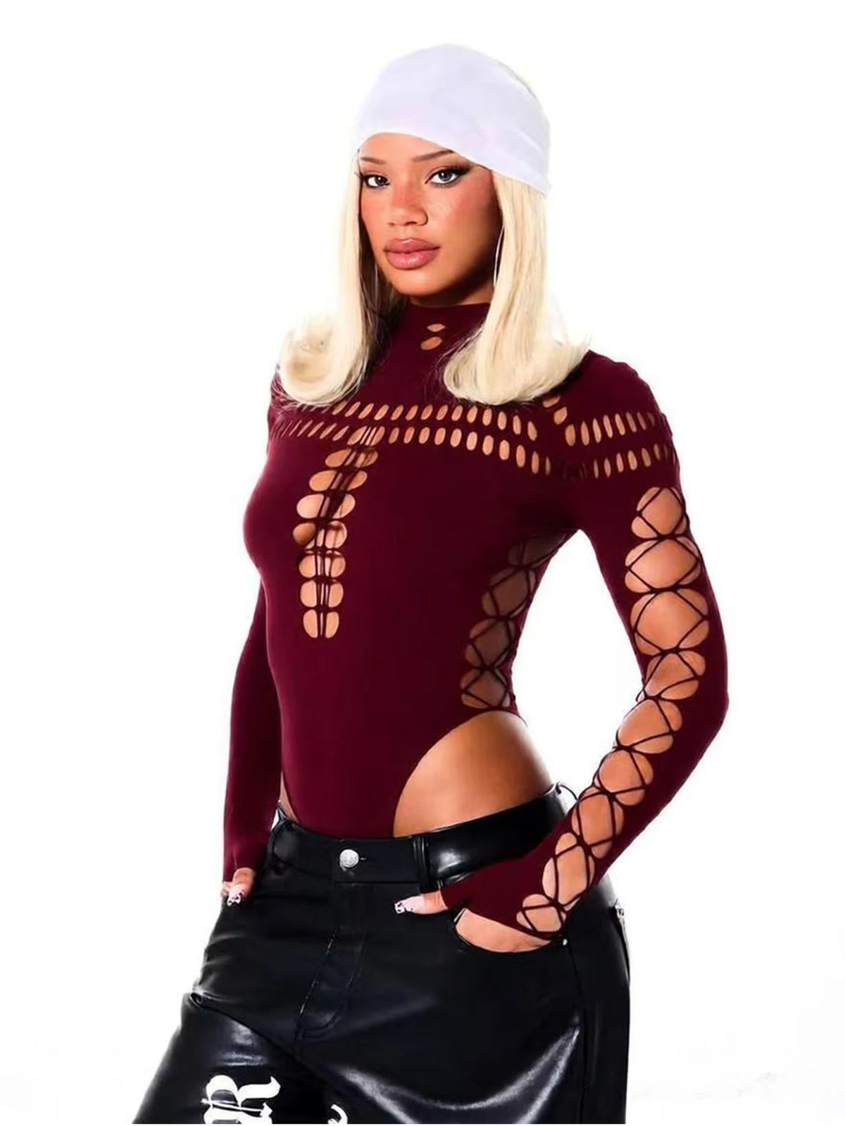 FHSEER SummerWomen's Y2K Sexy Bodysuit High Neck Bodycon Front Cutout & Lace-up Mesh Sleeve Stretchy Edggy Clubwear Streetwear