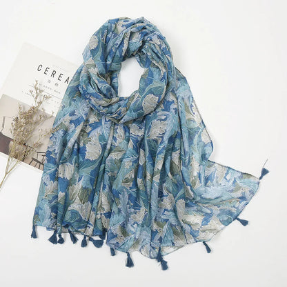 2025 Japanese Boho Linen Scarf: Vintage Floral Print Patchwork Shawl - Sun Protection Fringe Wrap Women