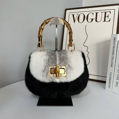 Fur Women's Mink Fur Bag Luxury Warm Plush Wrist Bags  Women Fashion Furry Short Handle Clutch Cute Ladies Fur Bags For Women