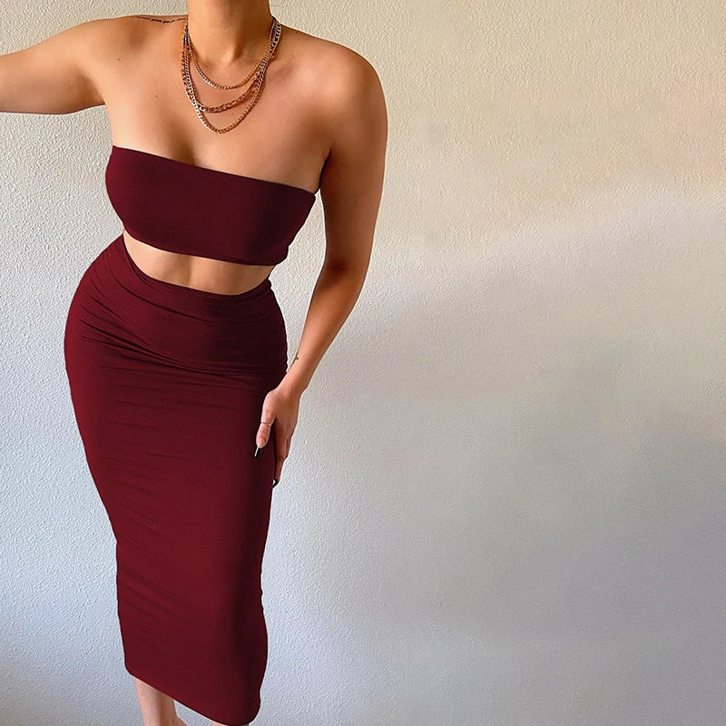 Hugcitar Women Elegant 2 Pcs Sets Strapless Sexy Tube Crop Tank Top Maxi Skirt 2025 Summer Women Casual Clothes Party Festival