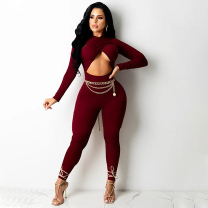 CM.YAYA Women Hollow Out Cross Sexy Party Clubwear Long Sleeve Jumpsuits 2024 Winter Autumn Street Crop One Piece Suit Rompers