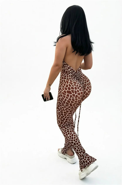 Sexy Halter Backless Bandage Jumpsuit Woman Slim V Neck Leopard Zebra Printed Jumpsuits Women Spring Summer Fashion Streetwear