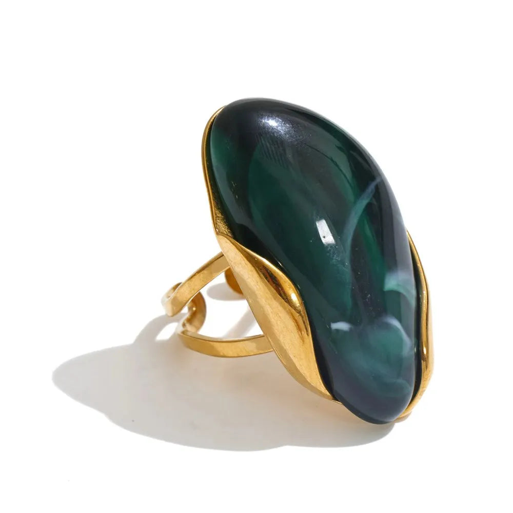Yhpup New Design Brown Green Beige Resin Geometric Adjustable Ring Golden PVD Stainless Steel Rust Proof Finger Jewelry Gift