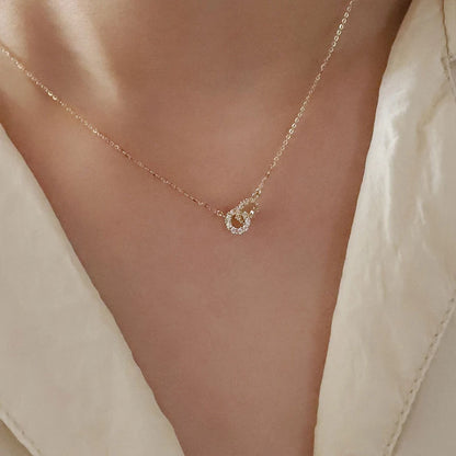 925 Sterling Silver Interlocking Diamond Necklace Light Luxury Double Ring Zircon Pendant Collarbone Chain Simple Jewelry