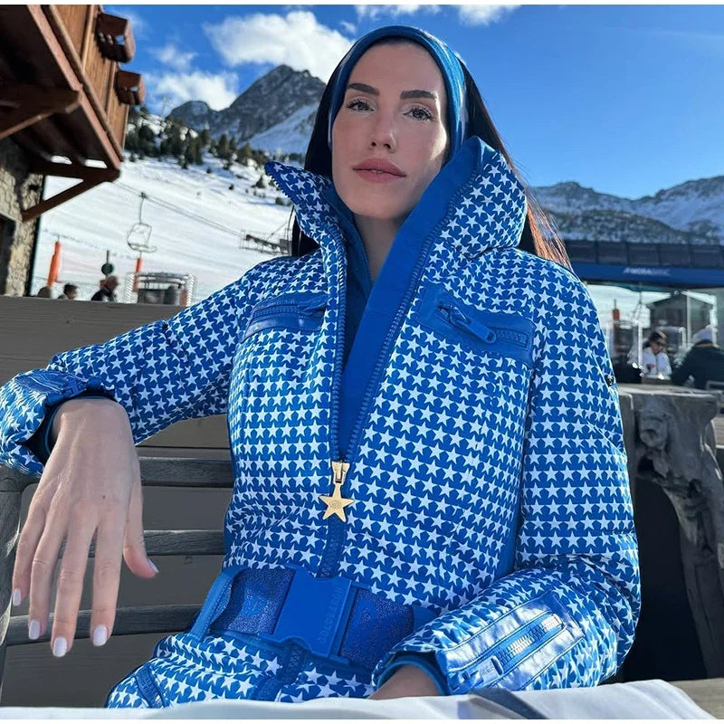 Thicken Print Cotton Jumpsuits Women High Neck Long Sleeves Zipper Belts Warm Ski Wears Female 2026 Winter New Chic Ski Jumpsuit