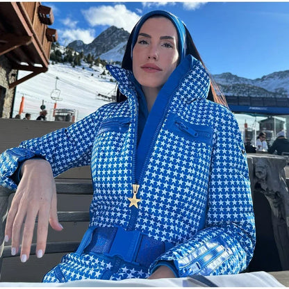 Thicken Print Cotton Jumpsuits Women High Neck Long Sleeves Zipper Belts Warm Ski Wears Female 2026 Winter New Chic Ski Jumpsuit