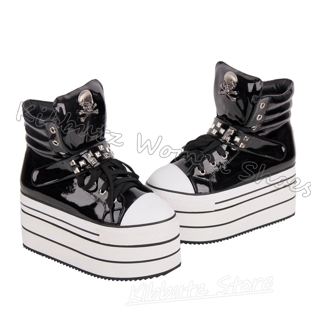 Leather Sports Ankle Boots Platform Rivet Lace-Up Women Shoes Mixed Color Thick Bottom Round Toe Luxury Novelty Concise Sexy New