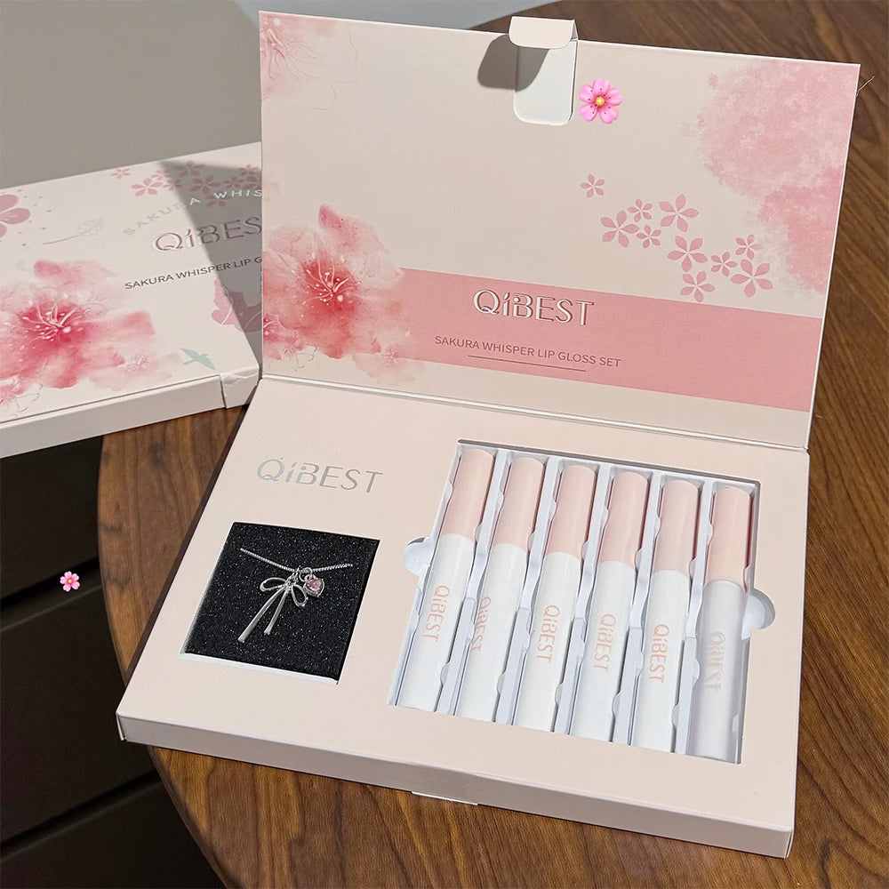 QIBEST 6Pcs/Box Matte Lipstick Sets And Mirror Watery Lip Glaze Lasting Lip Makeup Sets Moisturizing Lipgloss Necklace Gift