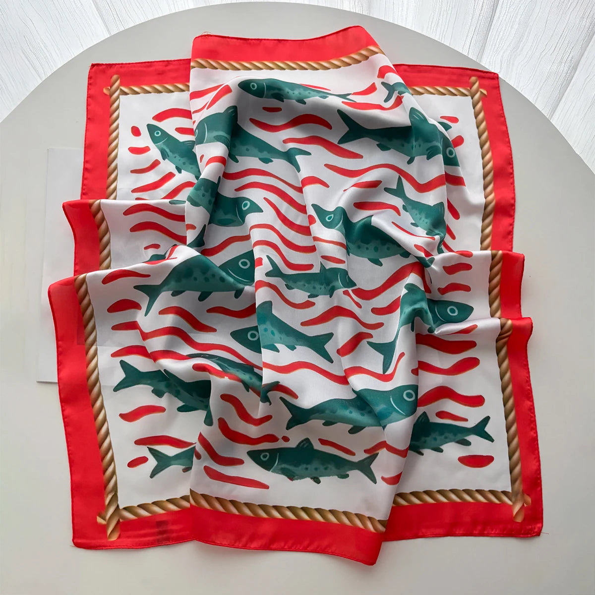 Luxury Square Scarf For Women New Bandanas Fish Printed Hijab Elegant Scarves Neckerchief Fashion Beach Shawl Wraps