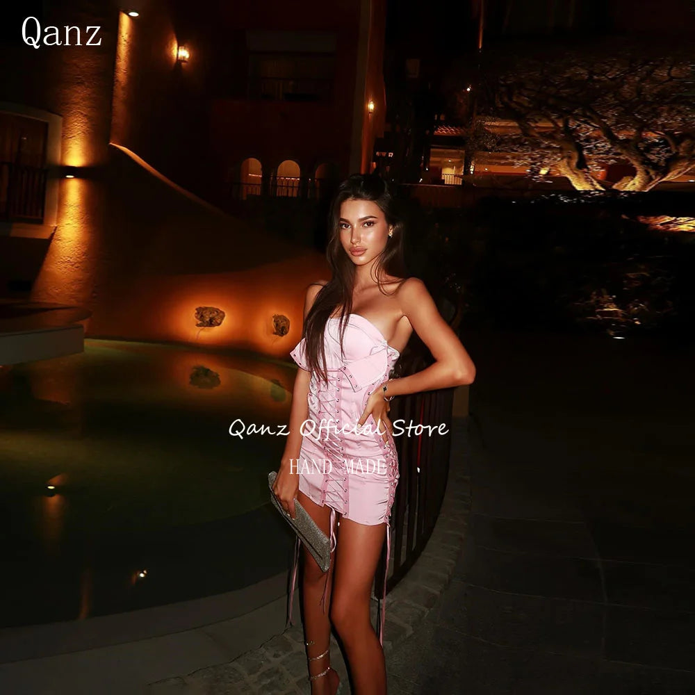 Qanz Sexy Mini Prom Dress Pink Satin Cocktail Party Gowns Sweethear Short Corset Back Special Occasion for Women Customized