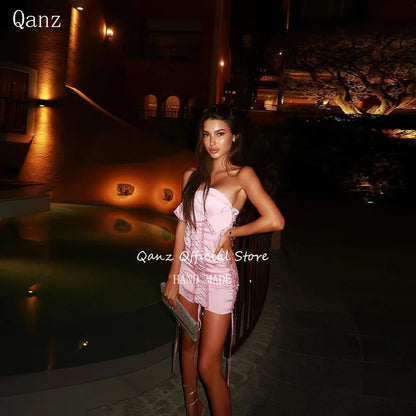 Qanz Sexy Mini Prom Dress Pink Satin Cocktail Party Gowns Sweethear Short Corset Back Special Occasion for Women Customized