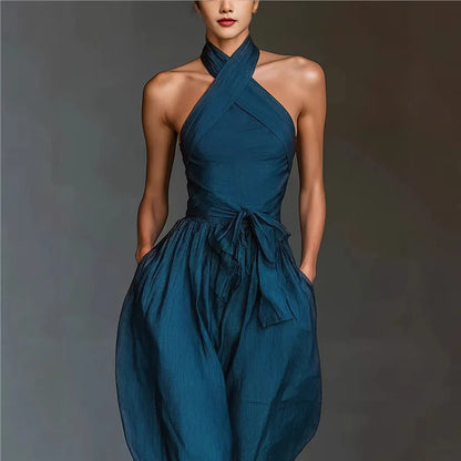 2026 High Waist Tie-up Wide Leg Pants Jumpsuit Woman Sexy Criss Cross Halter Backless Zips Romper Summer Solid Office Overalls