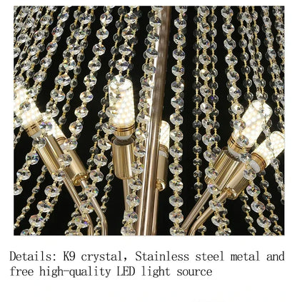 Large Ceiling Long Crystal Chandelier Hotel Lobby Living Room Luxurious Multi Story Staircase Light Golden Stainless Steel Light