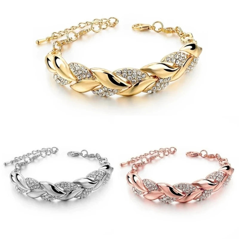 Luxury Love Braided Leaf Bracelet Charm Crystal Wedding Bracelets for Women Anniversary Valentines Day Gifts Aesthetic Jewelry