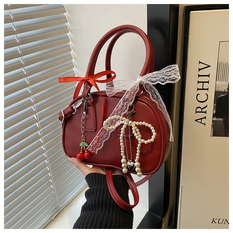Vintage Leopard Pu Shoulder Bags for Women Portable Trendy Ladies Crossbody Bag Lace Pearl Pendant Female Bowling Handbags