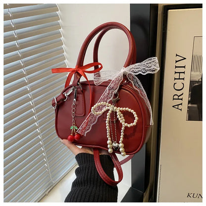 Vintage Leopard Pu Shoulder Bags for Women Portable Trendy Ladies Crossbody Bag Lace Pearl Pendant Female Bowling Handbags