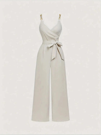 Spring/Summer New Women's Strap Jumpsuit French Style Elegant Academy Style Ins Classic Versatile V-Neck Decorative Buttons Bow Tie Straps Ruched Adjustable Shoulder Straps Camisole Top Wide-Leg Pants Women's Jumpsuit
