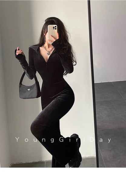 WOMENGAGA Fashion Black Velvet Slim Hooded Zipper Long Sleeve Flare Pants Jumpsuit Rompers Korean Sexy Hot Tops 2022 9P64