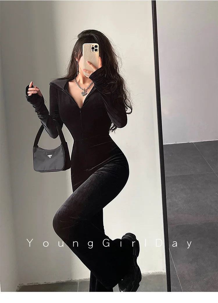WOMENGAGA Fashion Black Velvet Slim Hooded Zipper Long Sleeve Flare Pants Jumpsuit Rompers Korean Sexy Hot Tops 2022 9P64