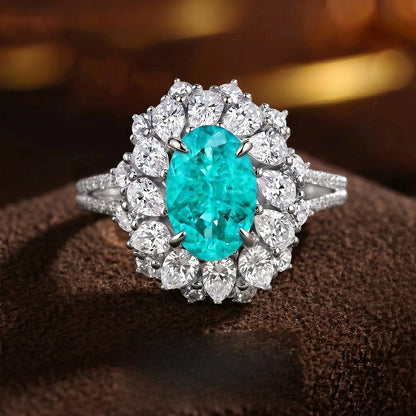 S925 Silver Ring 2ct Neon Blue Green Zircon Ring Double Layer Surrounding Luxury Women's Jewelry