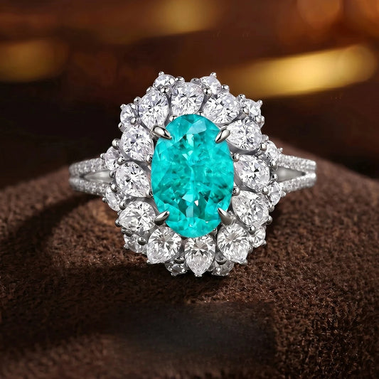 S925 Silver Ring 2ct Neon Blue Green Zircon Ring Double Layer Surrounding Luxury Women's Jewelry