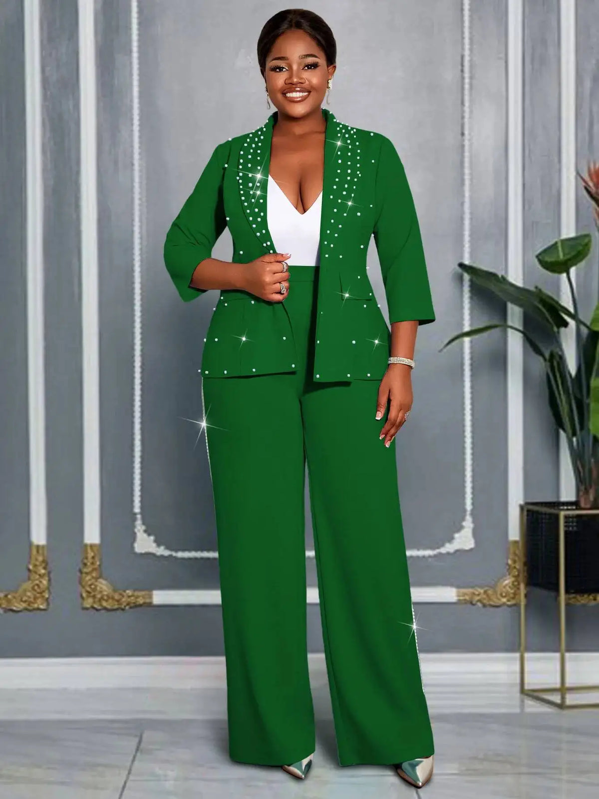Plus Size Women's Green Beaded Blazer Suit Three-quarter Sleeve Top + Wide-leg Pants Elegant Two-piece Set Casual Y2K Two Piece