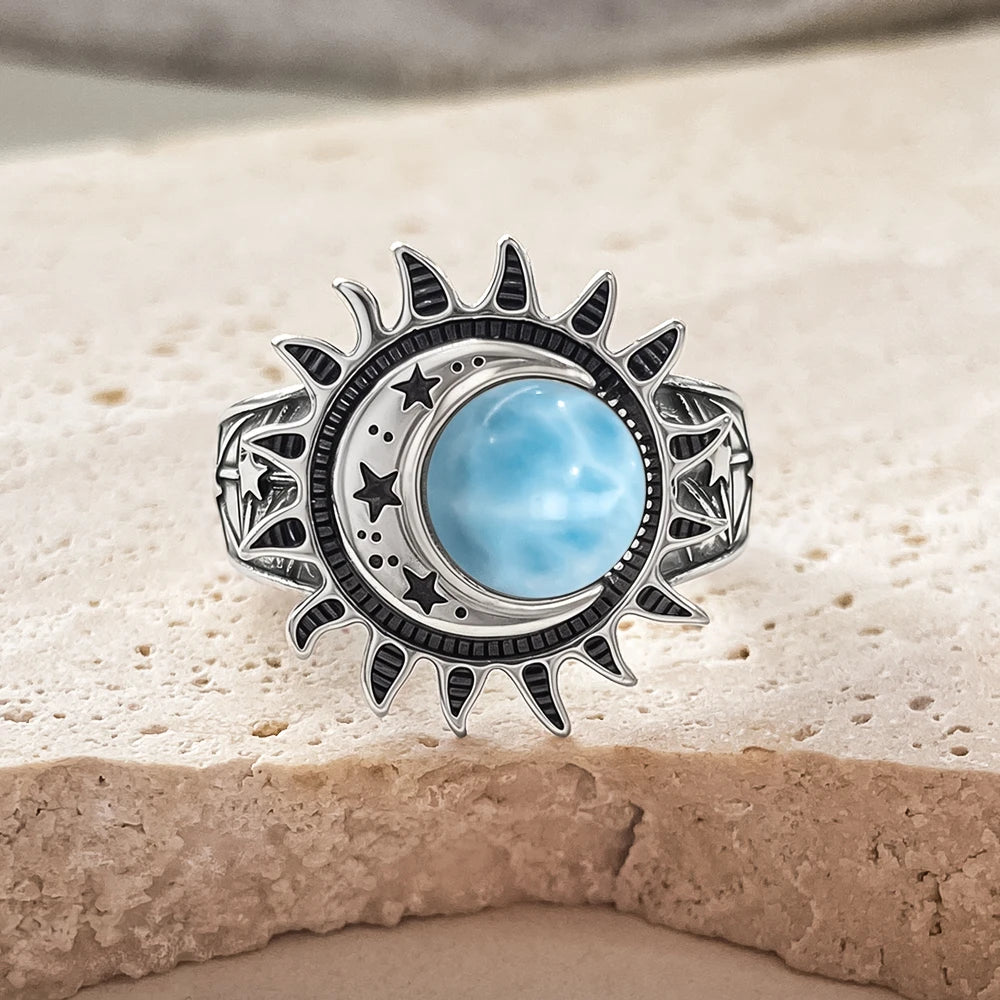 925 Sterling Silver Natural Moonstone Ring 8MM Bohemian Star Sun Moon Shape Ring Gothic Punk Style Party Gift for Women Men