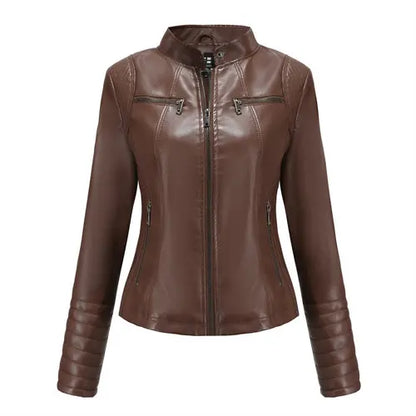 2026 Women's Bright Red V-neck Leather Jacket, Fashion Slim PU Coat, Black Short Outerwear Asia Size XS S M L XL XXL
