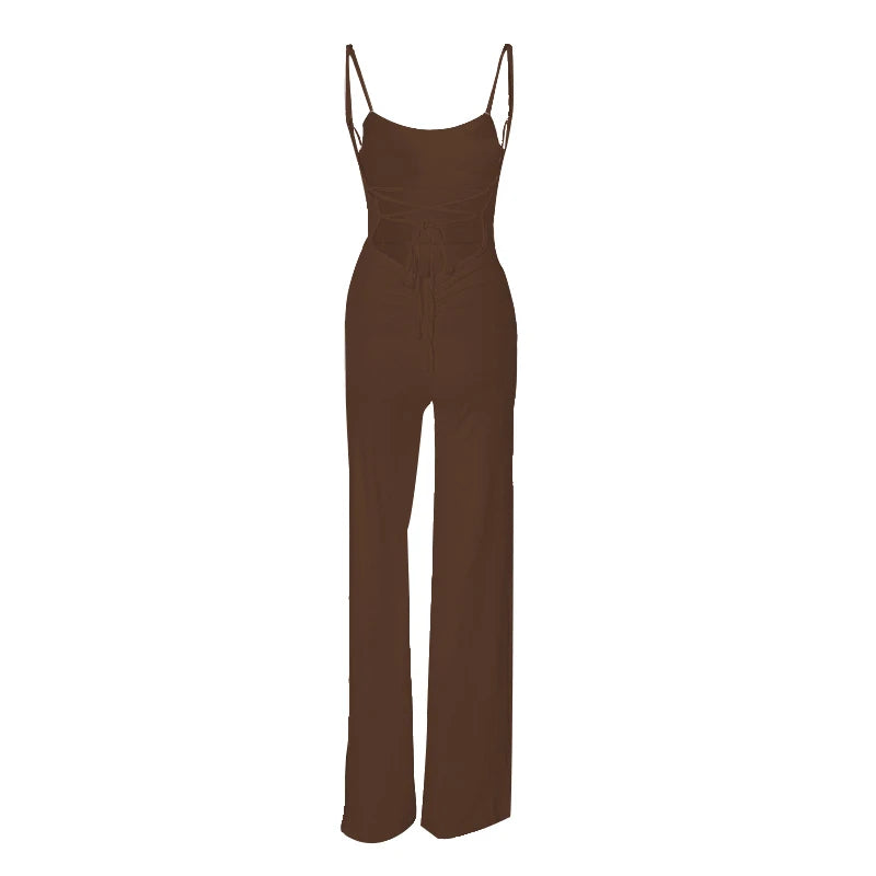 Summer New Fashion Y2K Solid Color Slit Long Pants Backless Strap Gothic Dark Style Women's Jumpsuit