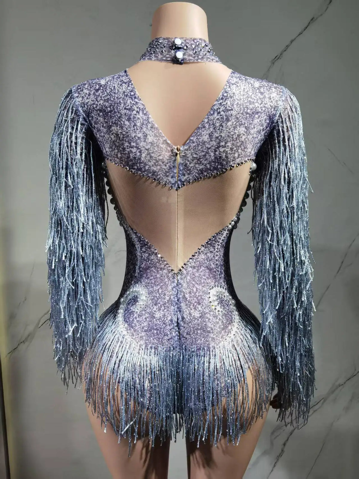 Luxury Gray Fringe Silver Rhinestones Pearls Transparent Bodysuit Women Dance Show Costume Birthday Party Outfit