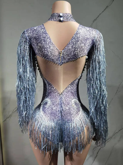 Luxury Gray Fringe Silver Rhinestones Pearls Transparent Bodysuit Women Dance Show Costume Birthday Party Outfit