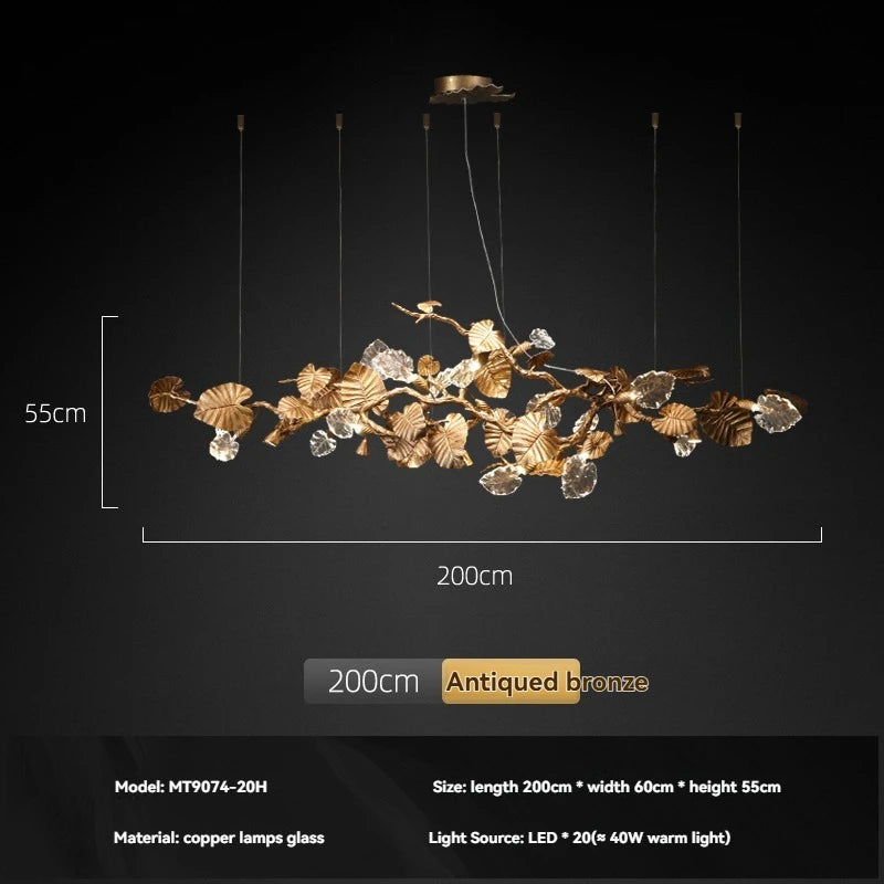 Luxury Copper Branch Chandelier Dining Table Retro Restaurant Light with Leaf Crystal Pendant Lamp Living Room Bar Kitchen Vila