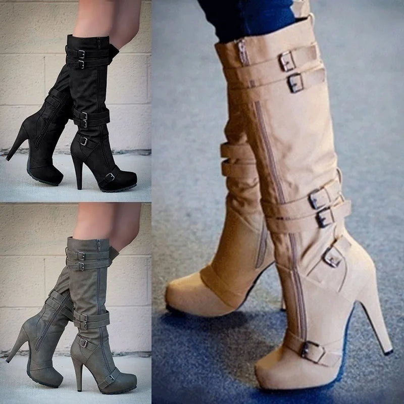 Fashion Women's Boots Knee High Mature Fashion Boots 9CM Stiletto European and American Style Side Zipper Round Head Women Shoes