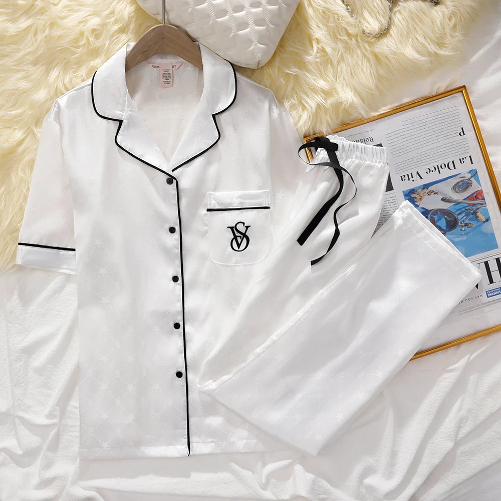 Victoria's Secret Suit Womens Silk Satin Pajamas Set Short Sleeve Shorts Sleepwear Loungewear Soft Breathable Button Down Pyjama