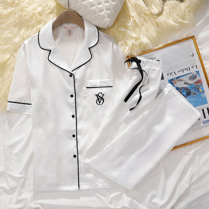 Victoria's Secret Suit Womens Silk Satin Pajamas Set Short Sleeve Shorts Sleepwear Loungewear Soft Breathable Button Down Pyjama