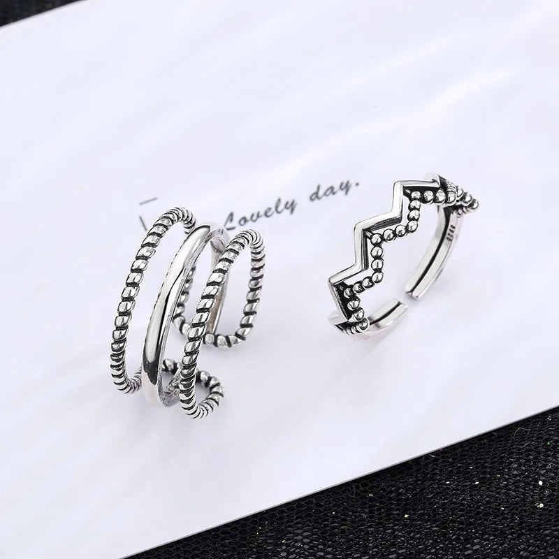 VENTFILLE 925 Sterling Silver Geometric Multilayer Round Bead Ring Female Fashion Punk Temperament Prevent Allergy Charm Jewelry