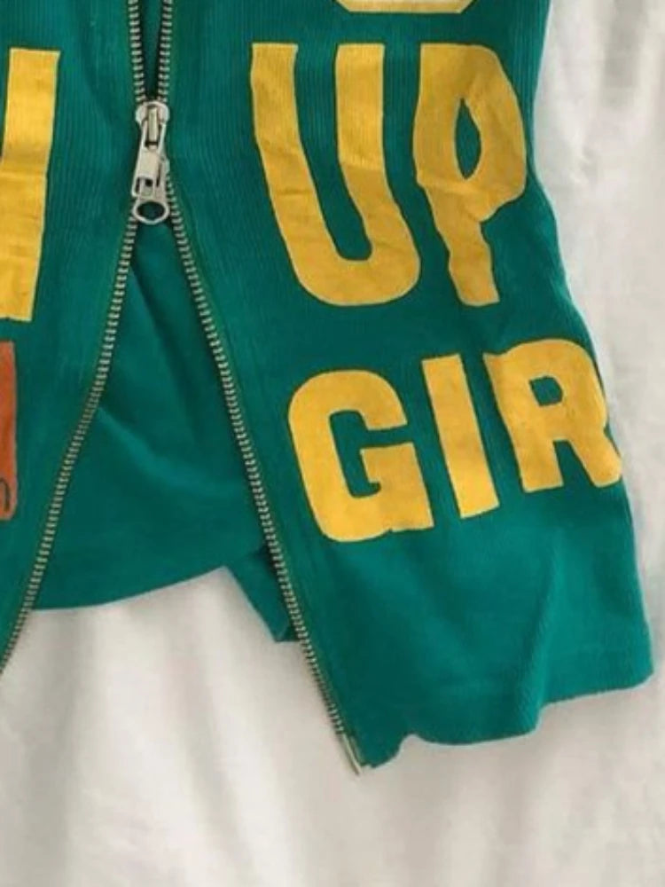 Y2k Aesthetic Letter Print Casual Tank Top Summer Women Streetwear Slim Fit Vest Harajuku Grunge Vintage Dual Zippers Camisole