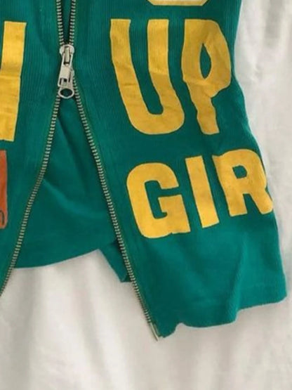 Y2k Aesthetic Letter Print Casual Tank Top Summer Women Streetwear Slim Fit Vest Harajuku Grunge Vintage Dual Zippers Camisole