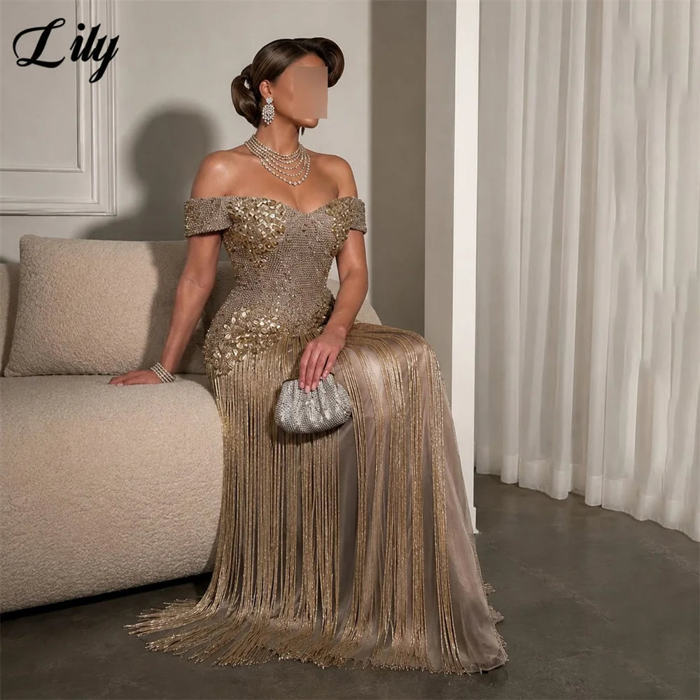 Lily Champagne Gold Party Dress Rhinestone Corset Gold Fringe Evening Dress Off Shoulder Formal Gown  Prom Gown Customized