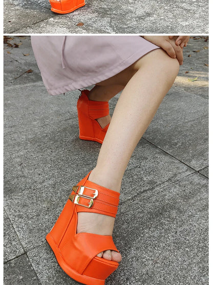 Casual Wedges Thick Platform Sandals 2024 New Women Stage Performance High Heels 14CM Summer Cross-dressing Shoes With Zipper