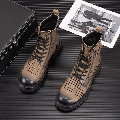 Summer Men's Hollow Ankle Boots Breathable Height-increasing Leather Motorcycle Boots Autumn Men Thick-soled High-top Shoes