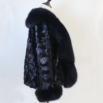 Women's Winter Real Mink Fur Coat with Fox Fur Collar 100% Natural Thick Warm Genuine Jacket Ladies' Outerwear