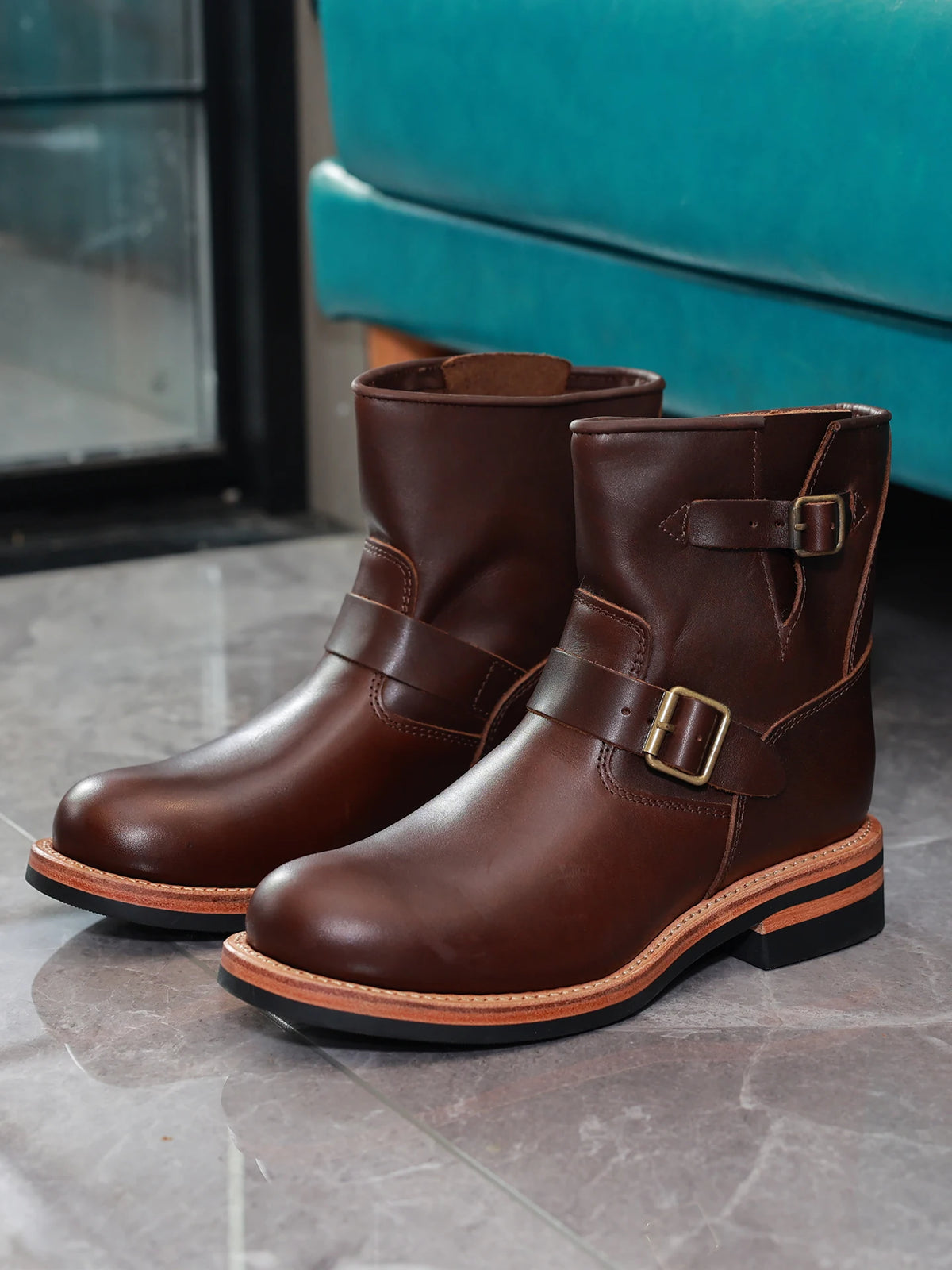 American Casual Engineer Boots Motorcycle Boots Men's Leather Outdoor Boots Goodyear Craftsmanship