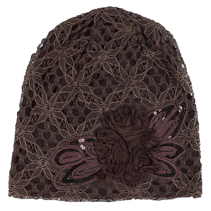 Elegant Women Sequins Lace Turban Cap Flowers Muslim Headwear Hat Female Head Wraps Ladies Headscarf Bonnet Turbante Mejur