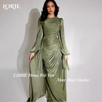 LORIE Modest Crepe Evening Dress Pleats Puff Long Sleeve Floor Length Prom Dresses Ruched Illsion Arabia Party Gowns Customized