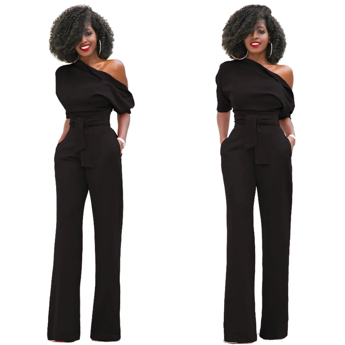 High Quality 2025 Spring Women's Casual Jumpsuits One Shoulder Slash Neck Button Romper Full Length Jumpsuit Wide Legs Jumpsuit