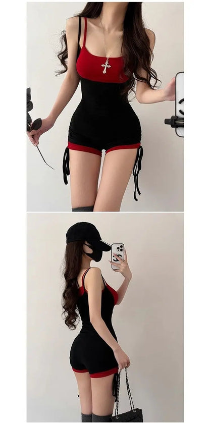 American Style Street Hot Girl Sexy Suspender Jumpsuit Shorts Color Blocked Fake Two-piece Design Sense Fitness Yoga Jumpsuit