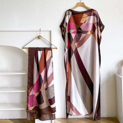 2025 New African Fashion Short Sleeve Colored Pattern Dubai Women Summer Real Silk Soft Printing Loose Tradition Muslim Dress