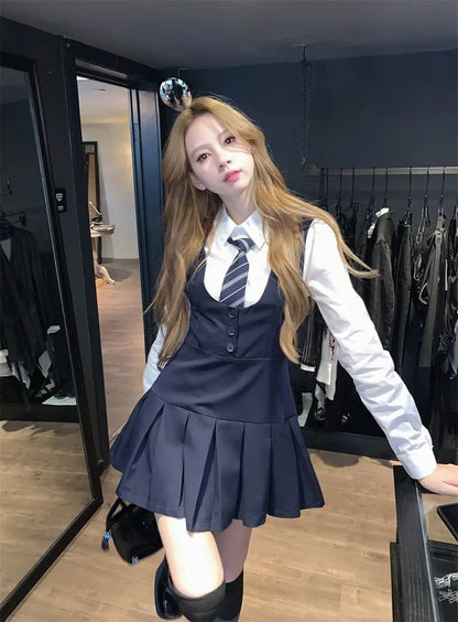 Japan And Korea College Style Jk Set Women's Long Sleeve Shirt Pleated Skirt Strap Dress Set Two Piece Set School Jk Uniform
